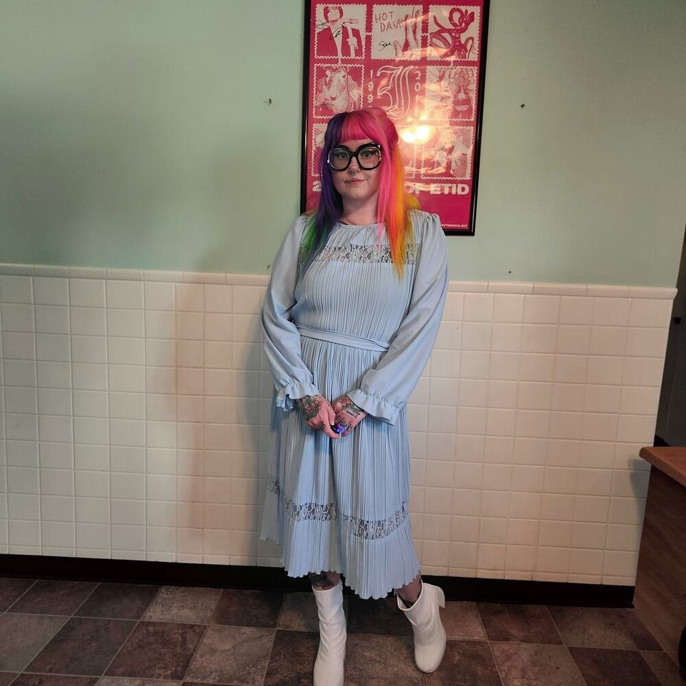 Vintage Pastel Blue 1980s Whimsical Long Sleeve A Line Belted Pleated Midi Dress
